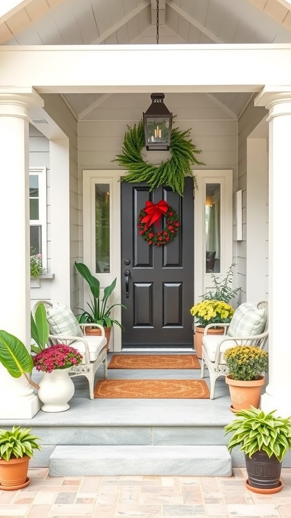 A welcoming front porch with a black door, wreath, wicker chairs, and colorful potted plants.