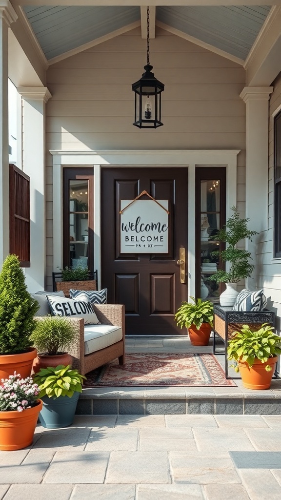 A welcoming front porch with a dark door, cozy seating, potted plants, and a 'Welcome' sign.