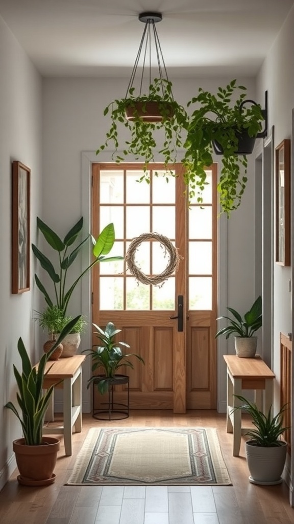 A rustic entryway with hanging and potted plants, wooden door, and cozy rug.