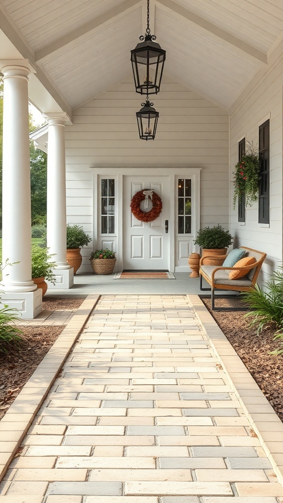 A welcoming porch entrance with a paved pathway, potted plants, and comfortable seating.