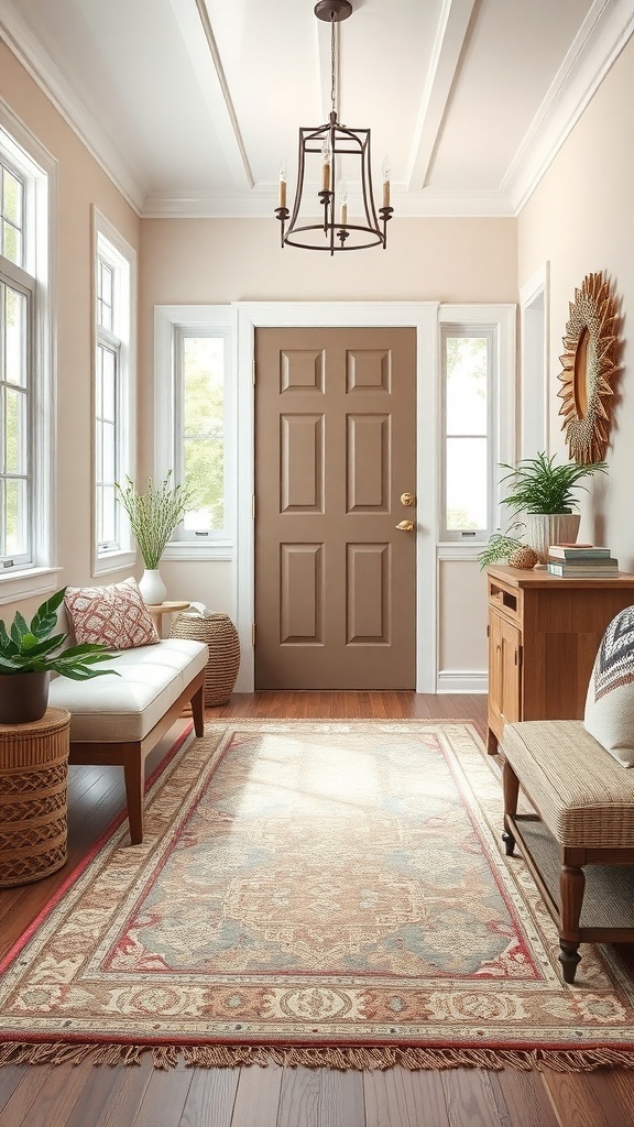 A cozy entryway featuring a patterned rug, a bench, and plants, creating a welcoming atmosphere.