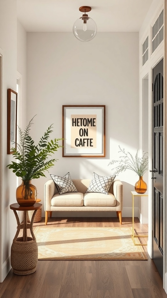 Cozy entryway with wall art, plants, and a comfortable sofa