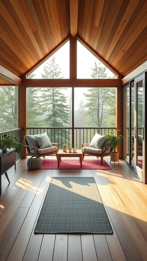 A cozy cabin interior with wooden walls, large windows, and comfortable seating, perfect for a wellness and yoga retreat.