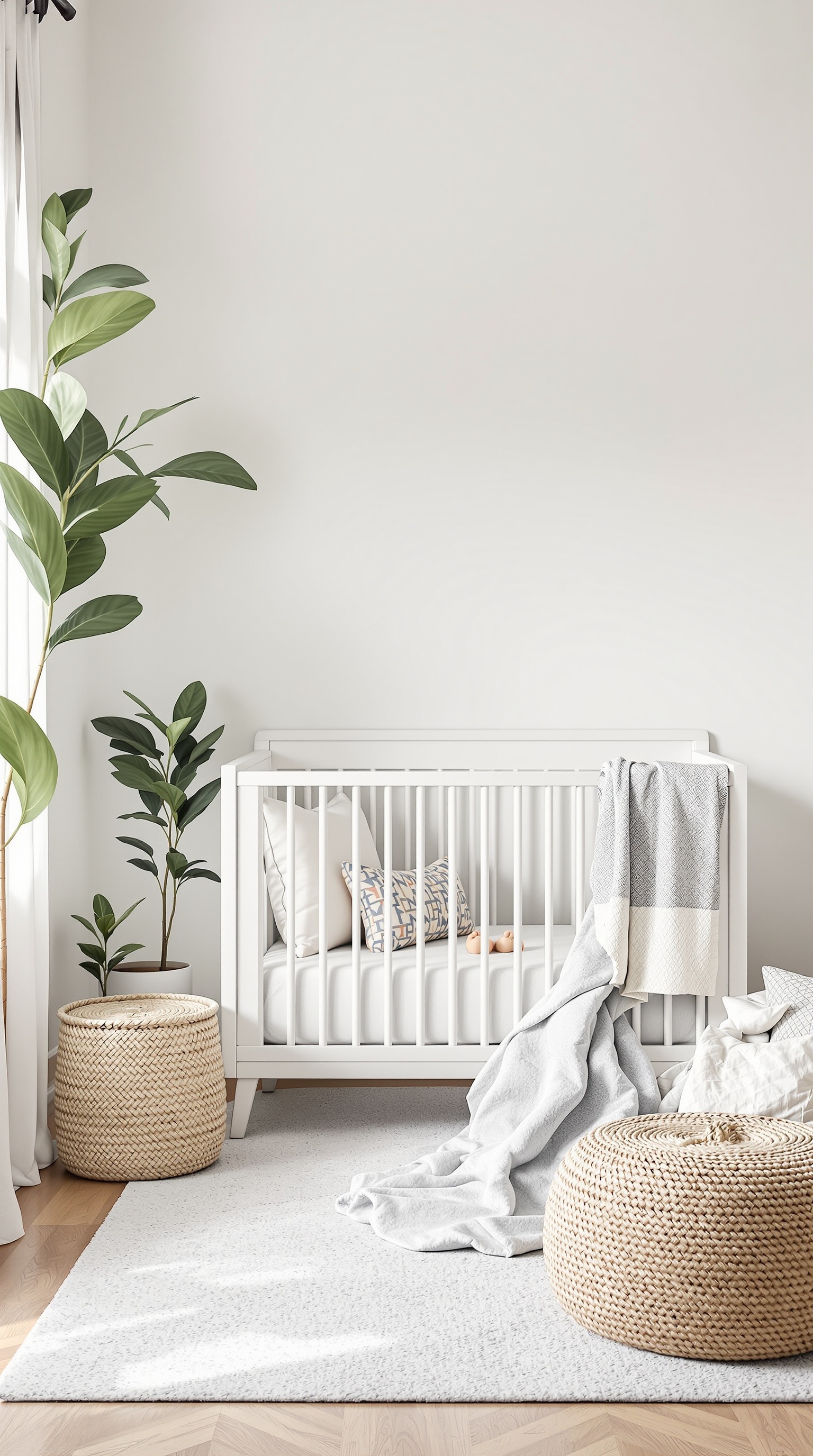 A cozy nursery featuring a crib, soft blankets, and plants, ideal for a toddler's transition to a bed.