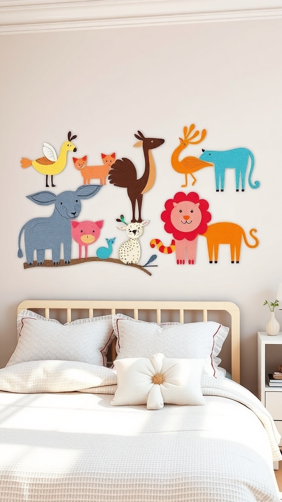 Colorful metal wall art featuring whimsical animal figures including a lion, elephant, and bird.