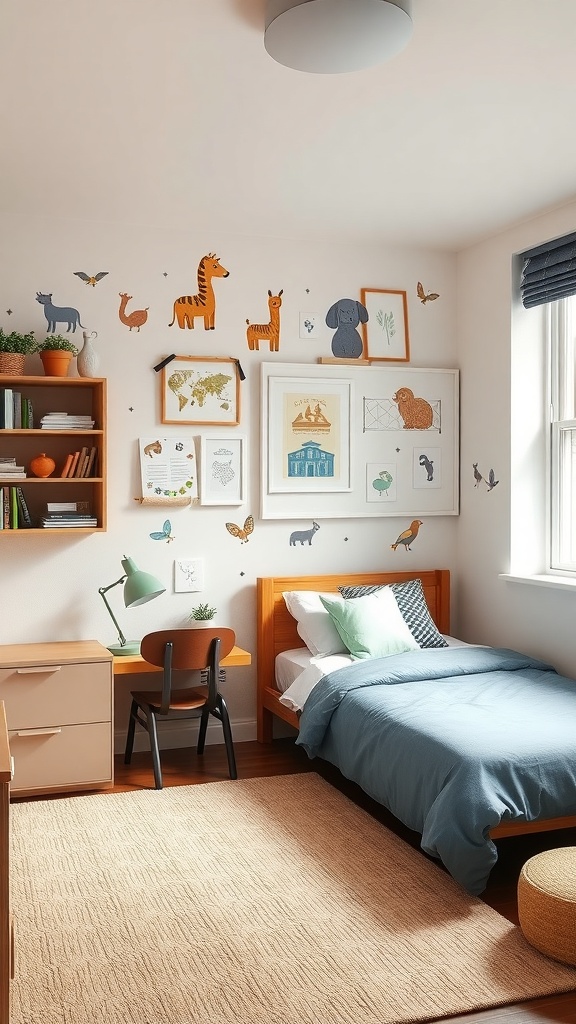 A dorm room with whimsical animal illustrations on the wall, featuring a giraffe, dog, and other animals, along with framed art and a cozy bed.