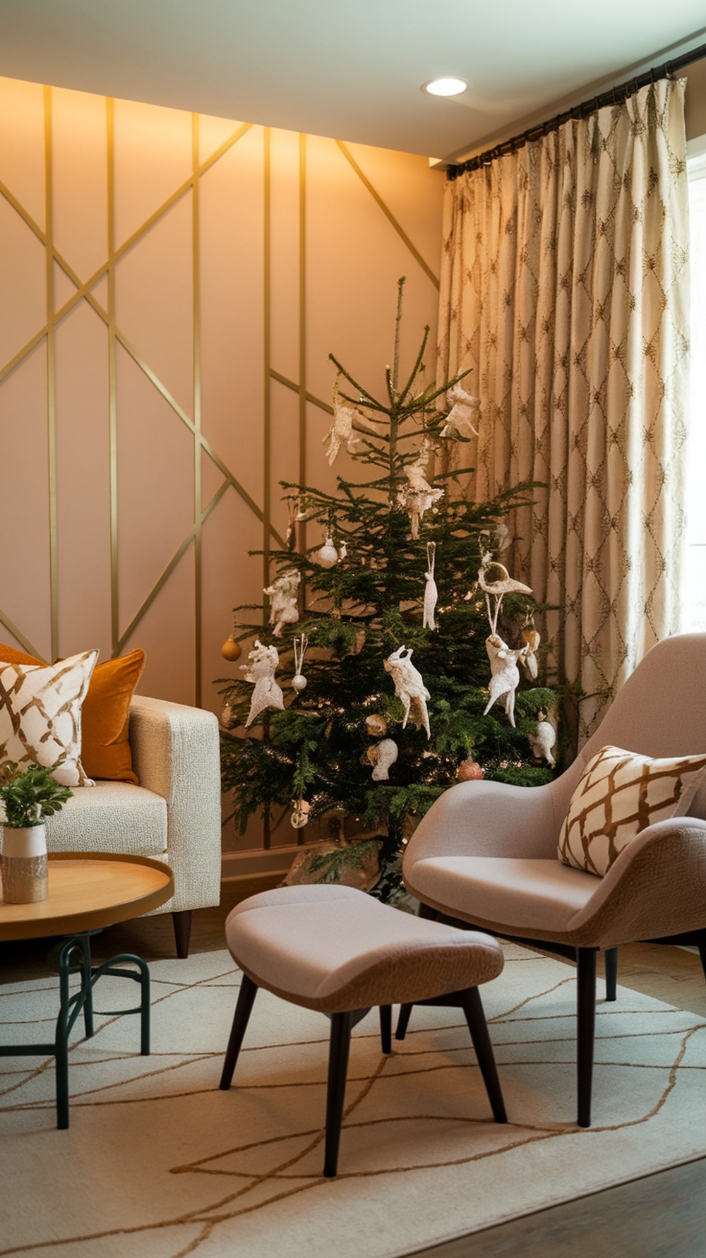 A Christmas tree decorated with whimsical animal ornaments, showcasing a cozy living room setting.