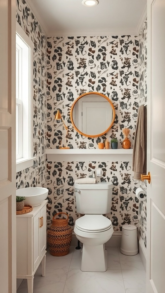 Small bathroom with whimsical animal print wallpaper, round mirror, and warm decor
