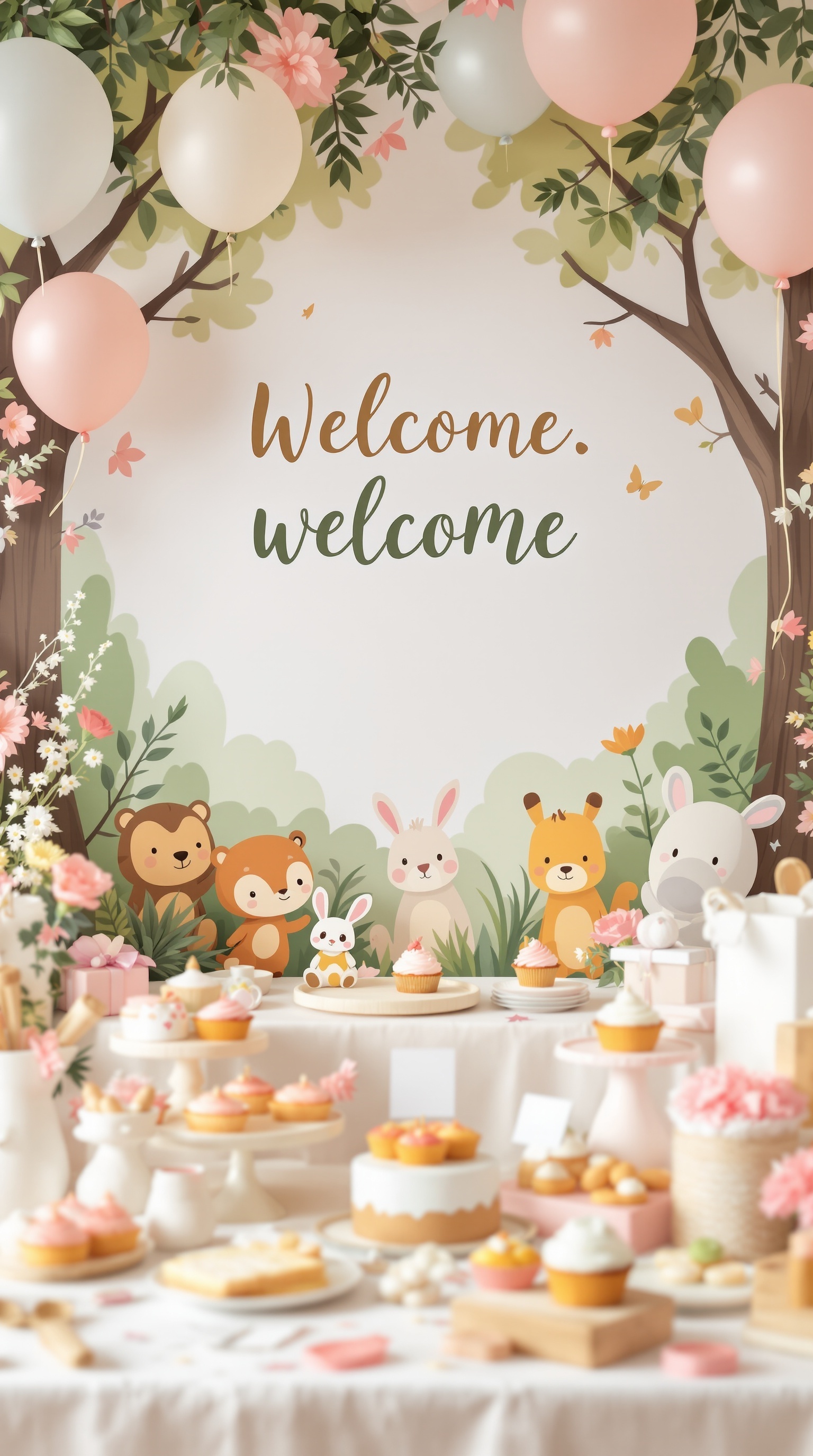 A whimsical animal-themed welcome sign for a baby shower, featuring cute animals and pastel balloons.
