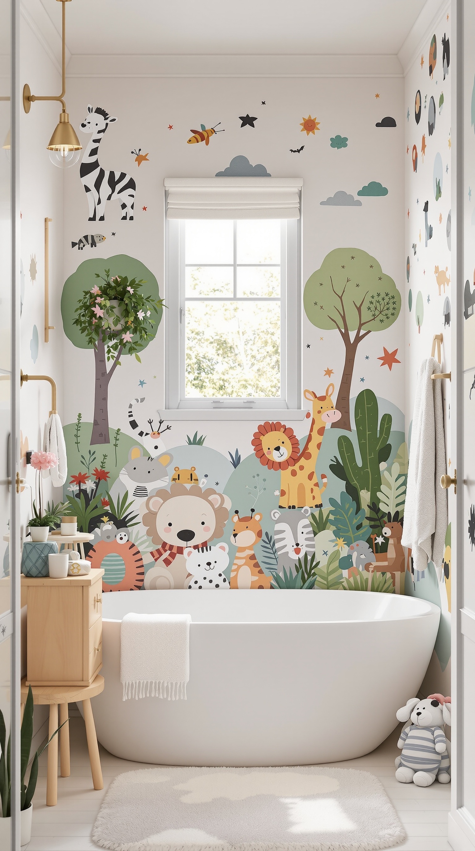 A kids bathroom featuring whimsical animal-themed wallpaper with colorful illustrations of animals and plants.