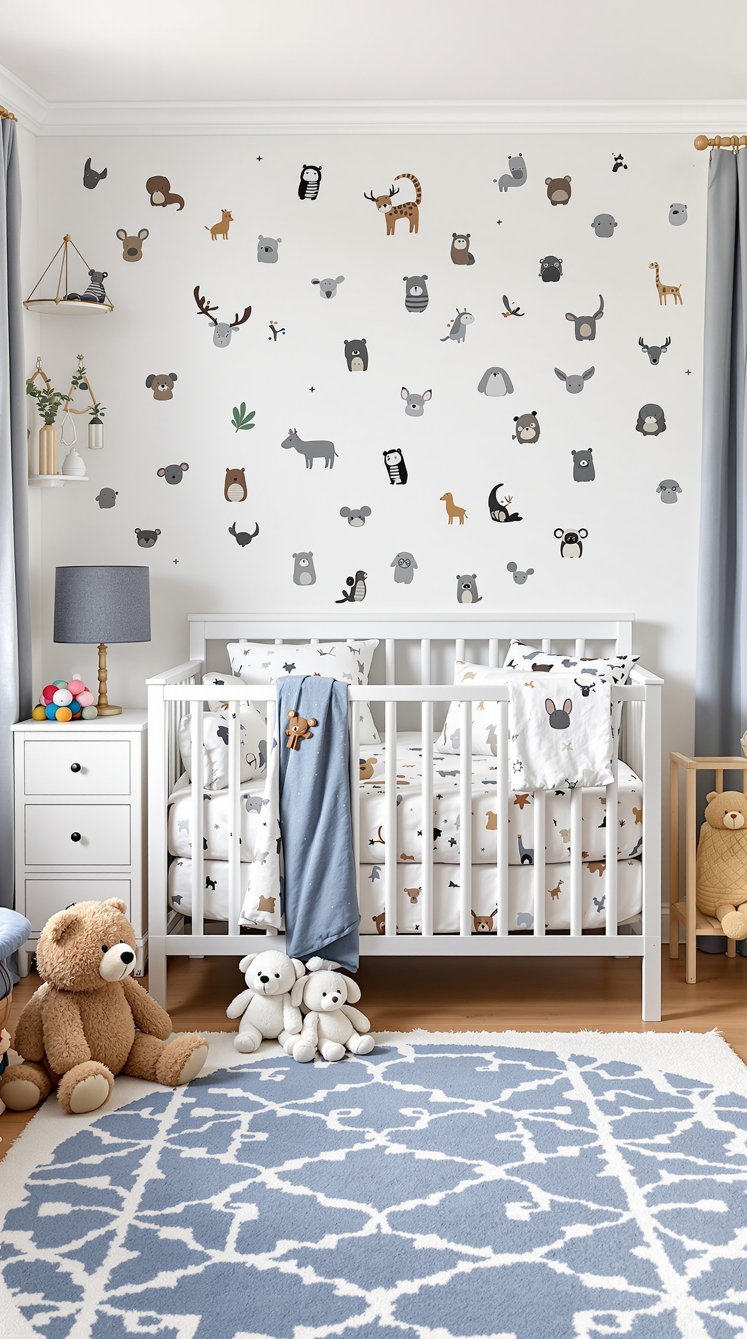 A baby boy bedroom featuring whimsical animal decals on the wall, a cozy crib with animal-themed bedding, and soft toys on the floor.