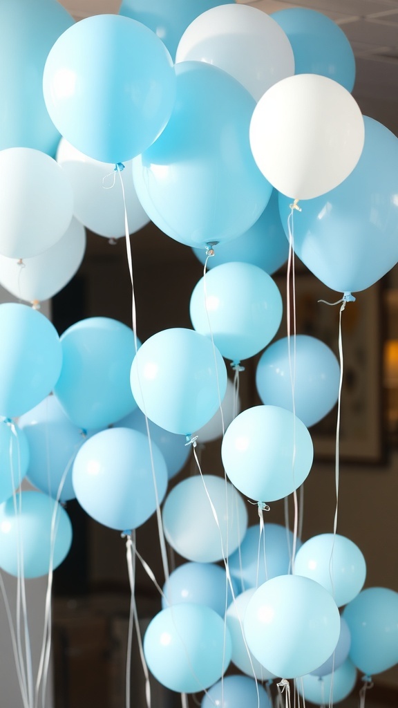 A collection of baby blue and white balloons in a festive arrangement