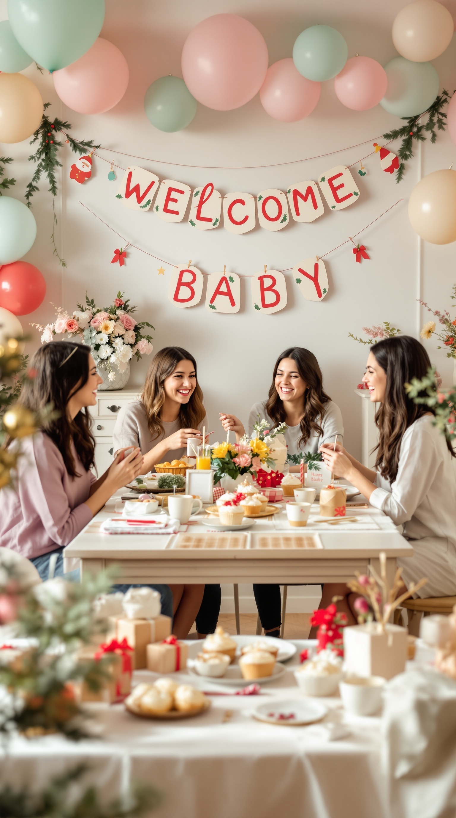 A festive baby shower scene with a 'WELCOME BABY' banner, colorful balloons, and a beautifully arranged table.
