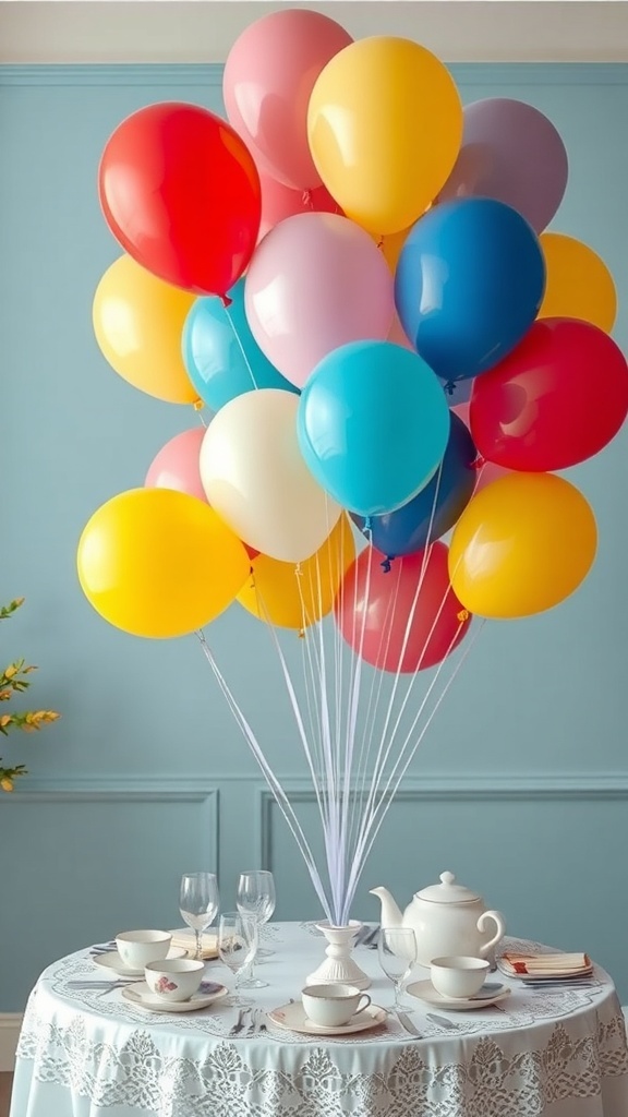 Colorful balloon arrangements above a table set for a bridal shower, complete with elegant dishware and a teapot.