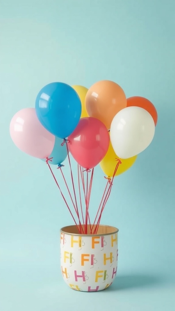 A cheerful arrangement of colorful balloons in a decorative container, creating a whimsical centerpiece.