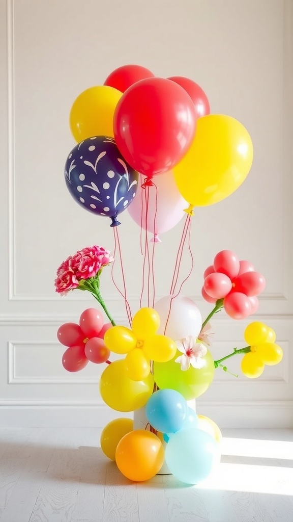 A vibrant balloon bouquet featuring various colors and floral decorations, perfect for a bridal shower centerpiece.