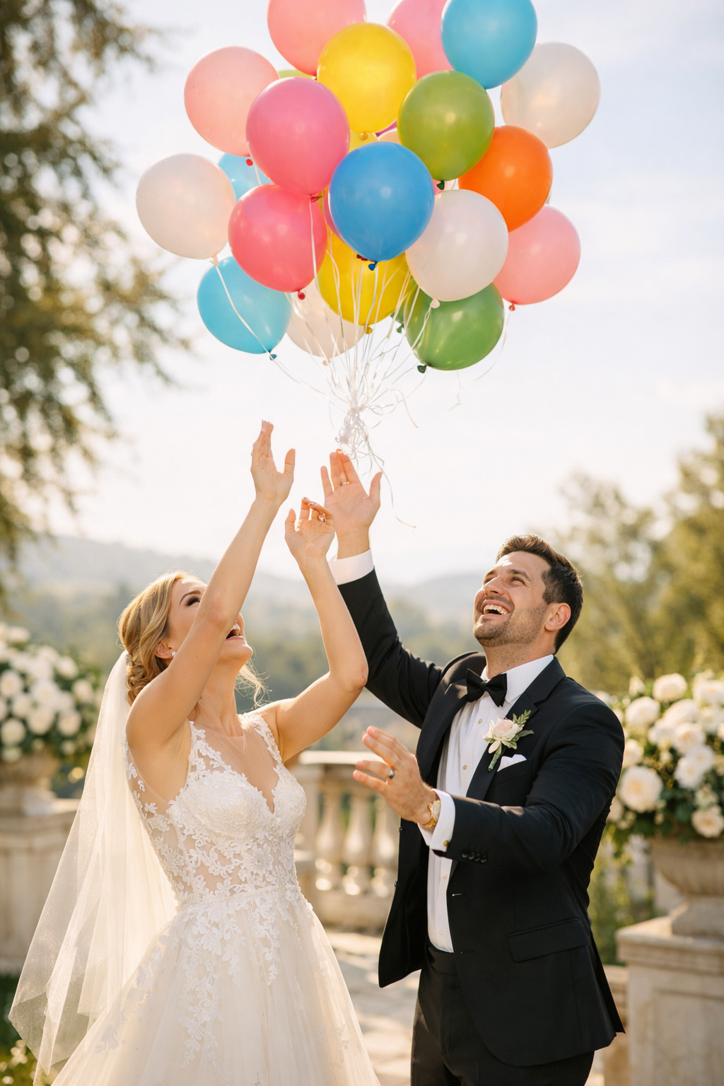A couple joyfully releasing colorful balloons during their summer engagement photo shoot.