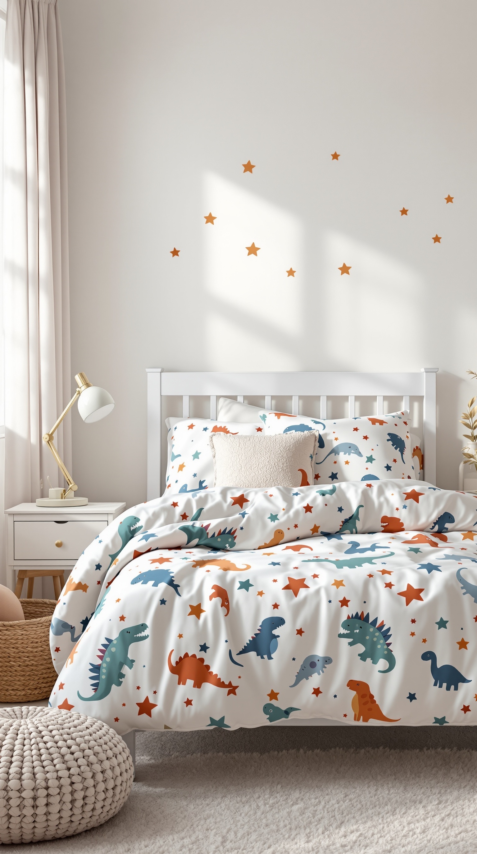 Toddler bedroom with dinosaur-themed bedding and star decorations