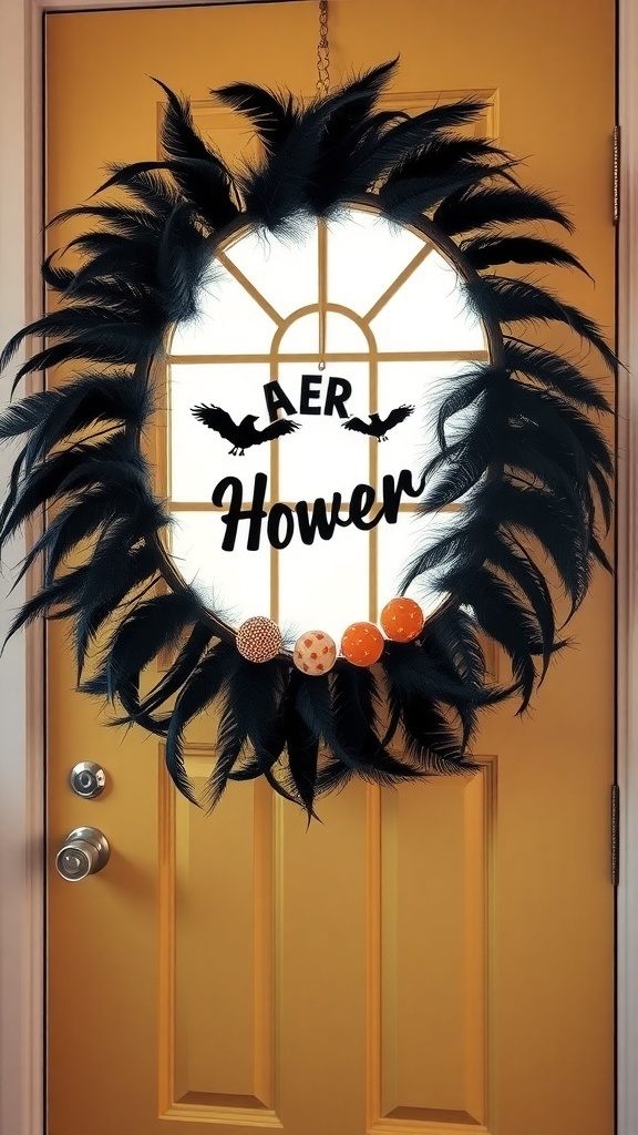 A whimsical black feather wreath with orange polka-dotted balls, hanging on a yellow door.