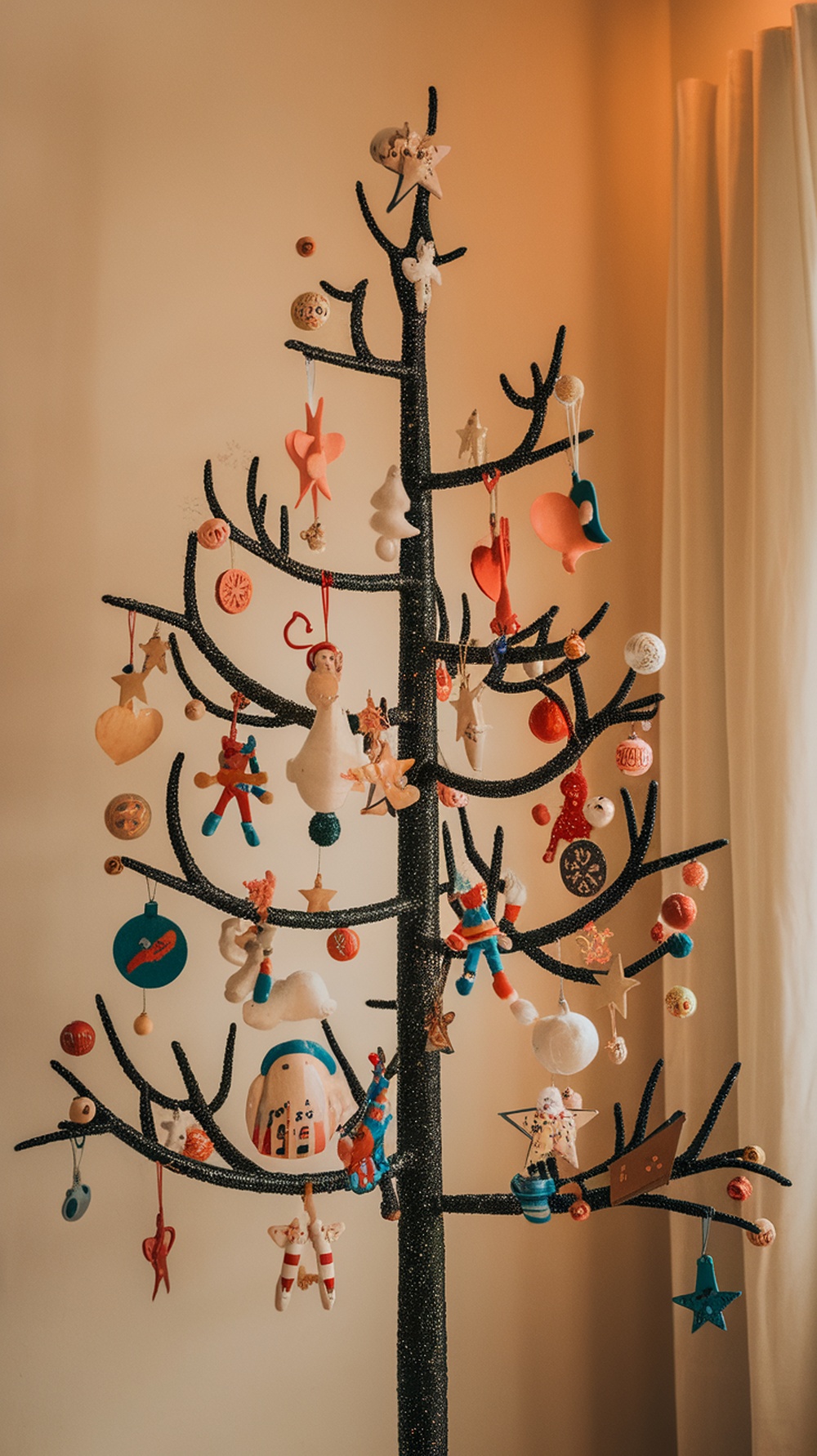 A whimsical black Christmas tree decorated with colorful ornaments.
