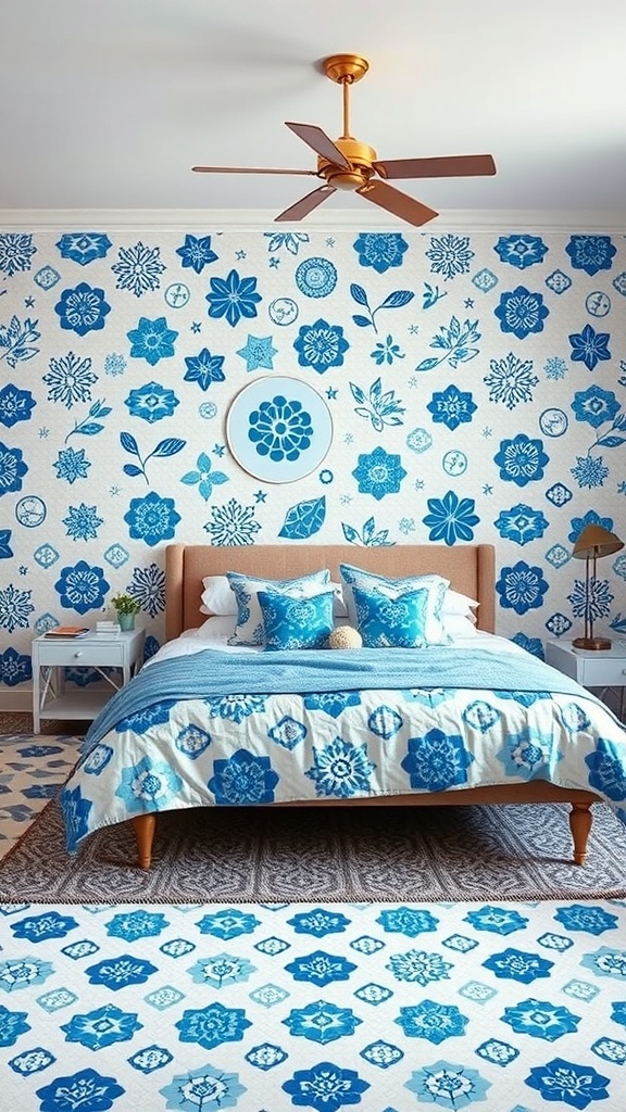 A blue and white themed bedroom with floral patterns on the walls and bedding.