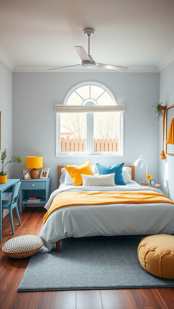 A bright and cheerful bedroom featuring blue walls, yellow accents, and cozy furnishings.