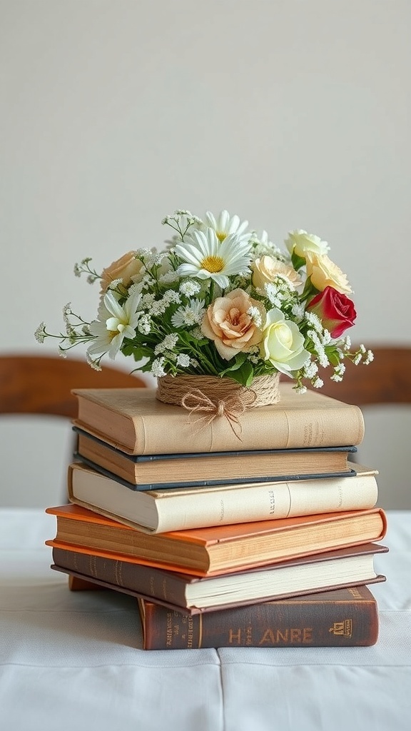 A stack of vintage books topped with a bouquet of flowers, used as a whimsical wedding centerpiece.