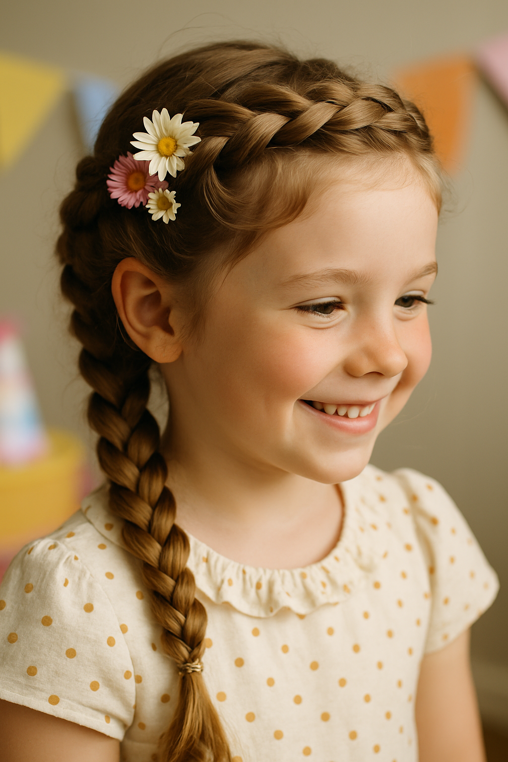 A young girl with braided hair adorned with flowers, smiling at a birthday party.