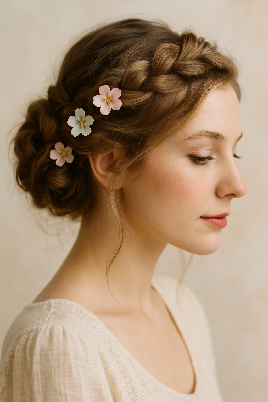 A model with a whimsical braided updo adorned with flowers, showcasing a romantic wedding hairstyle.