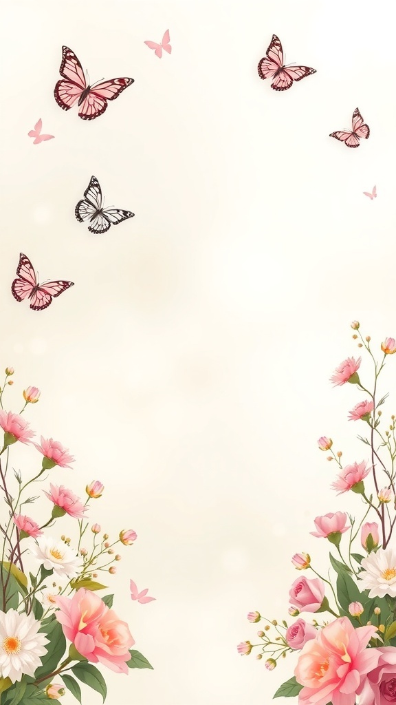 A whimsical design featuring pink and white butterflies with floral arrangements for bridal shower invitations.
