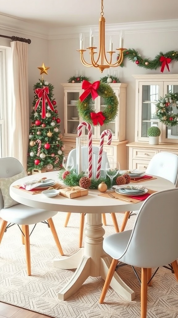 A beautifully decorated Christmas dining table with candy cane accents, a wreath centerpiece, and a festive tree in the background.