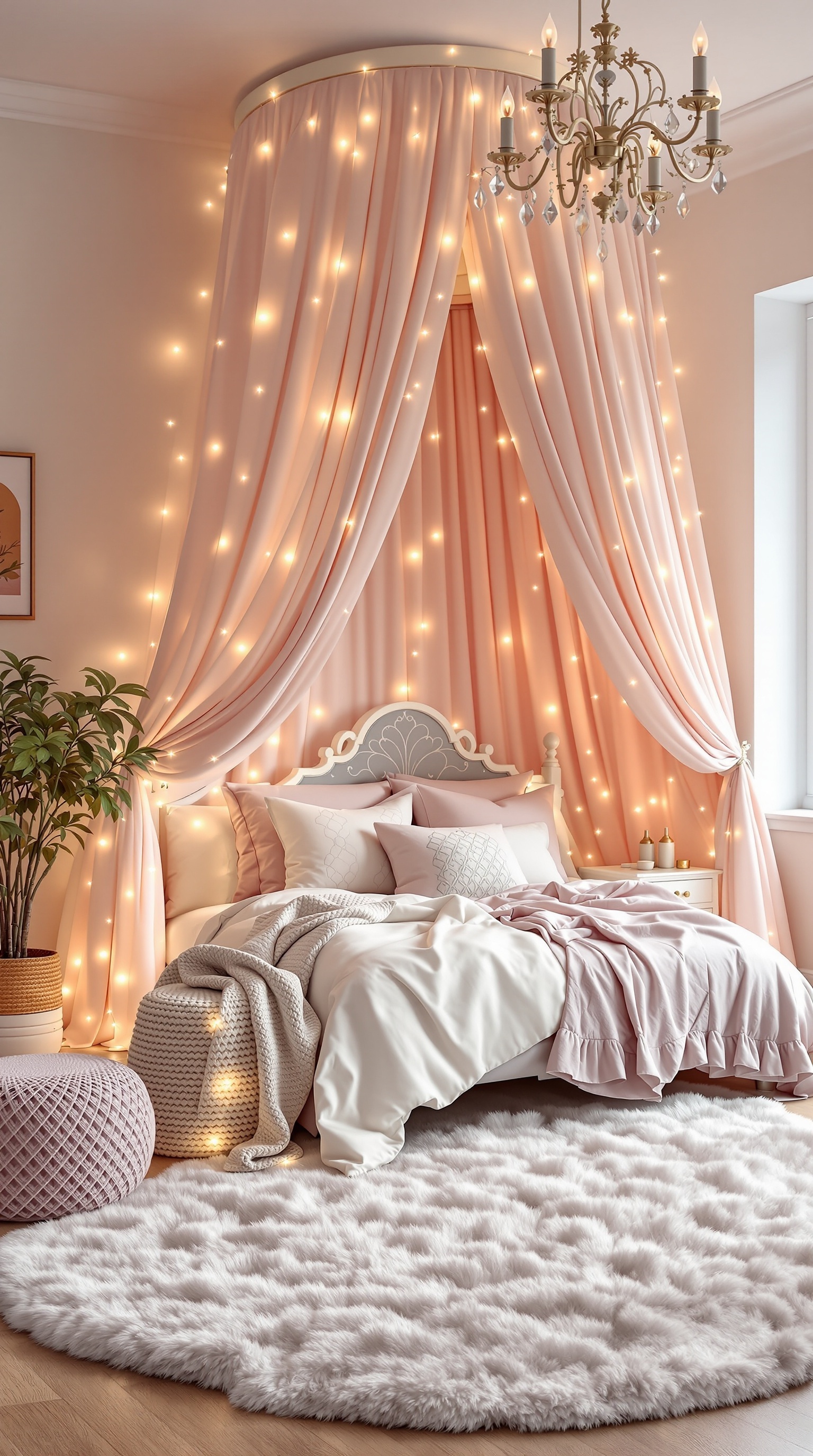A cozy kids bedroom with a pink canopy bed, twinkling lights, and a fluffy rug.
