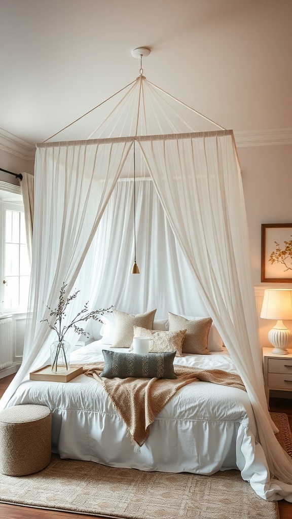 A cozy bedroom featuring a whimsical canopy design with sheer fabric, soft bedding, and decorative pillows.