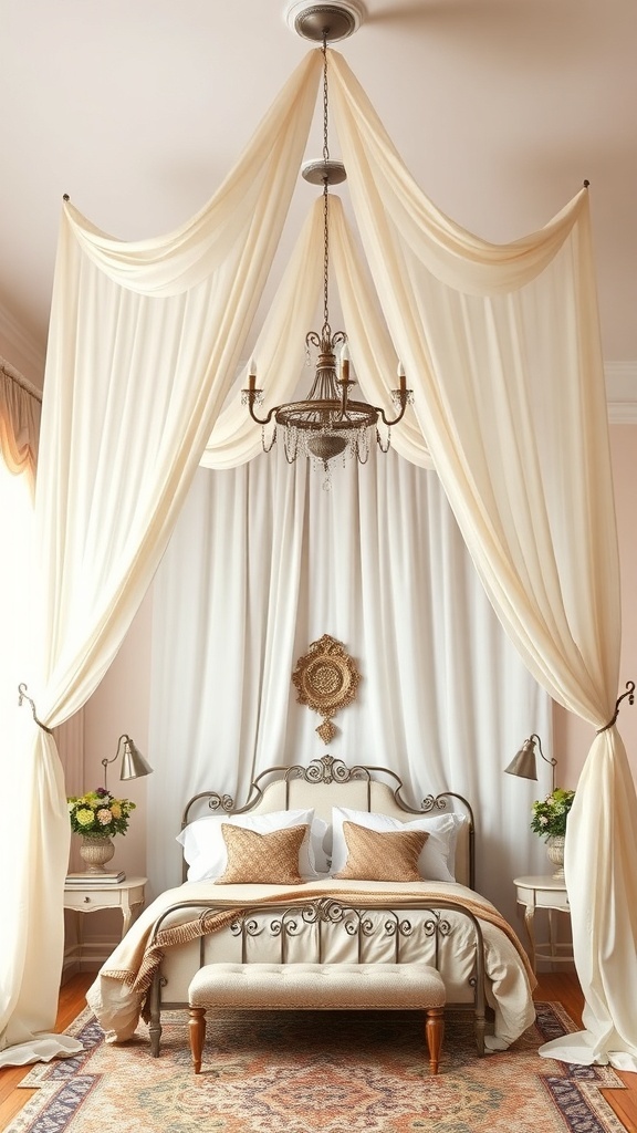 A vintage bedroom with soft canopy drapes, a decorative chandelier, and elegant bedding.