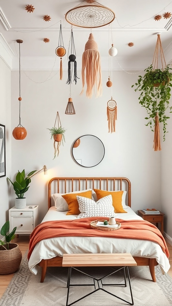 A boho teen bedroom with whimsical ceiling decor featuring dreamcatchers, macramé hangings, and plants.
