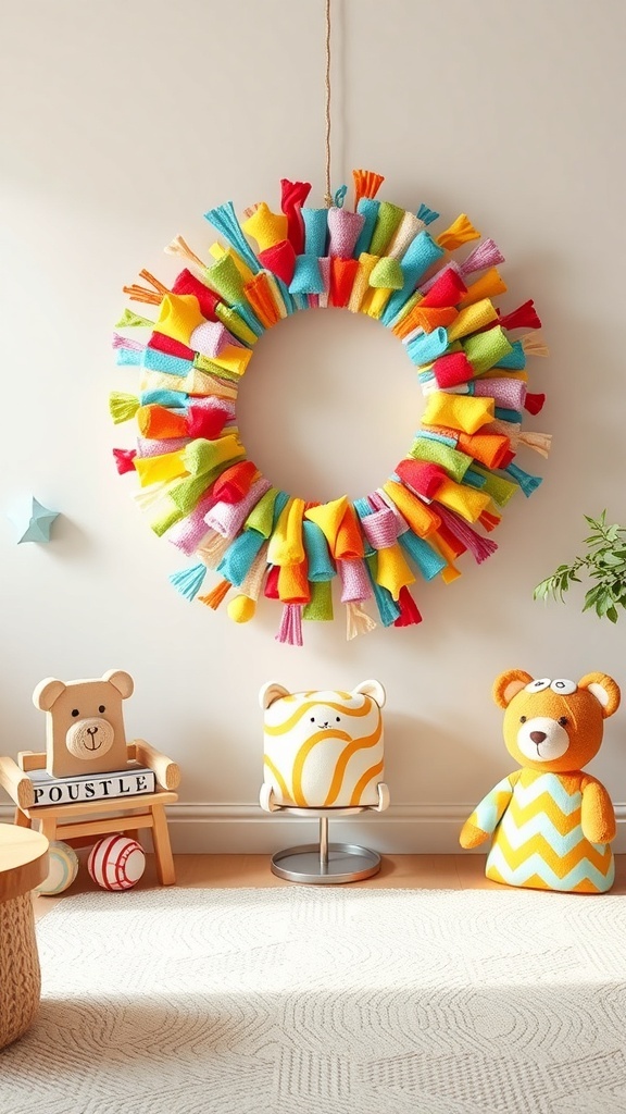 A colorful rag wreath made of fabric strips, hanging on a wall with plush toys nearby.