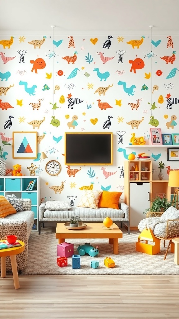A living room with playful animal-themed wallpaper, colorful furniture, and toys scattered on the floor.