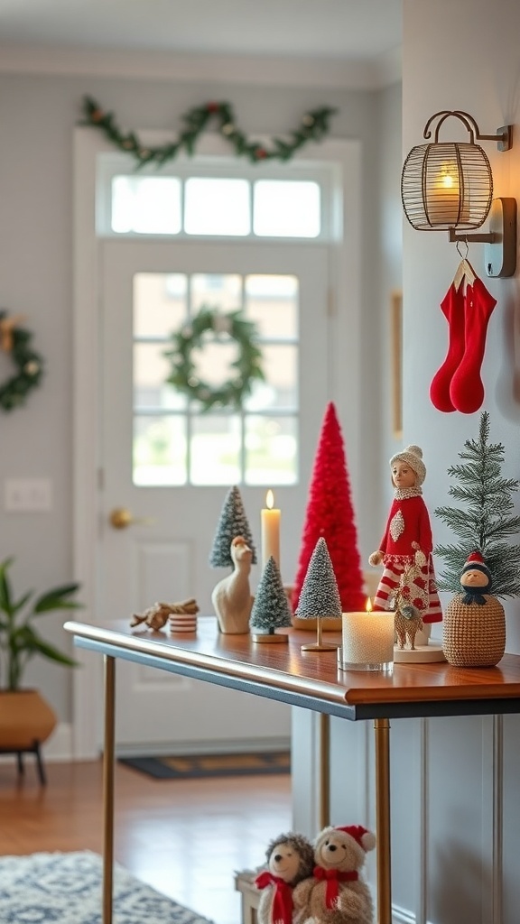 A beautifully decorated entryway table for Christmas featuring whimsical figurines, colorful trees, candles, and plush bears.