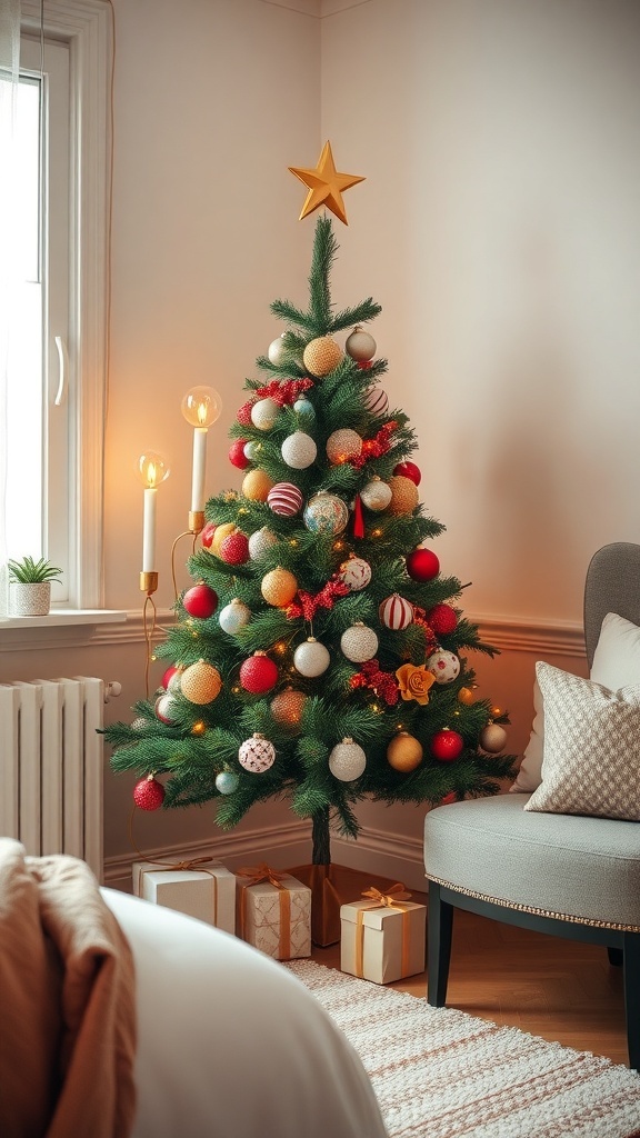 A whimsical Christmas tree decorated with colorful ornaments and a star on top, surrounded by wrapped gifts and candles.