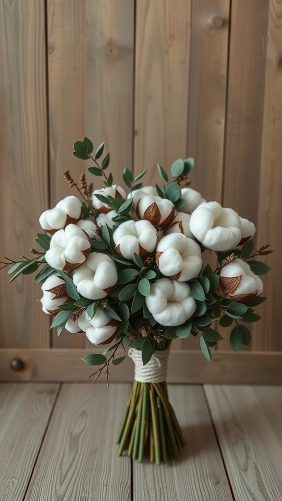 A winter wedding bouquet featuring cotton blooms and eucalyptus leaves, arranged beautifully.