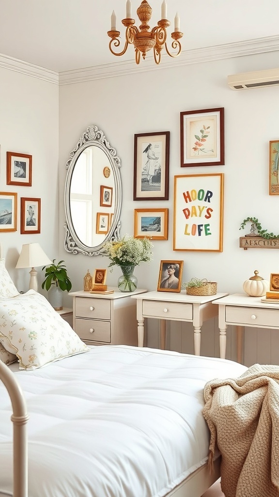 A cozy shabby chic bedroom with framed art, a vintage mirror, and soft bedding.