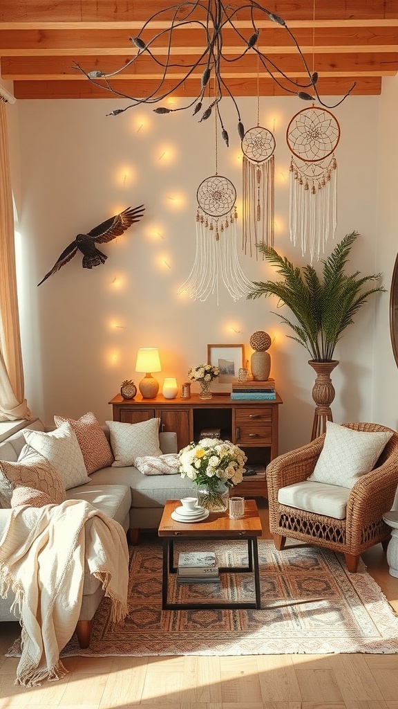Cozy corner of a romantic bedroom featuring dreamcatchers, soft lighting, and a floral arrangement.