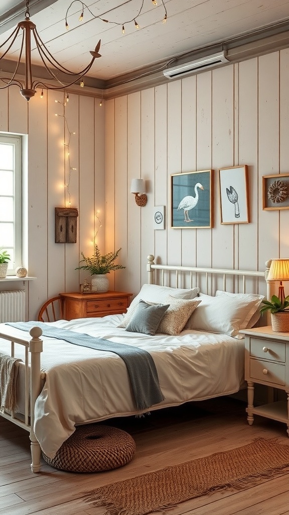 A vintage farmhouse bedroom featuring a cozy bed, framed artwork, string lights, and natural decor.