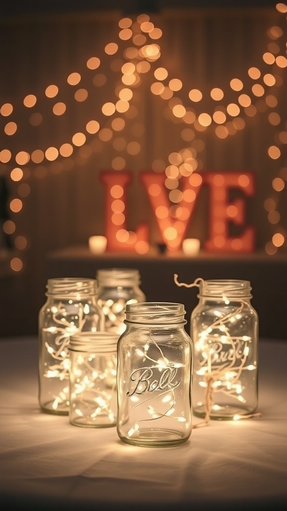 Glass jars filled with fairy lights on a table with a 'LOVE' sign in the background.