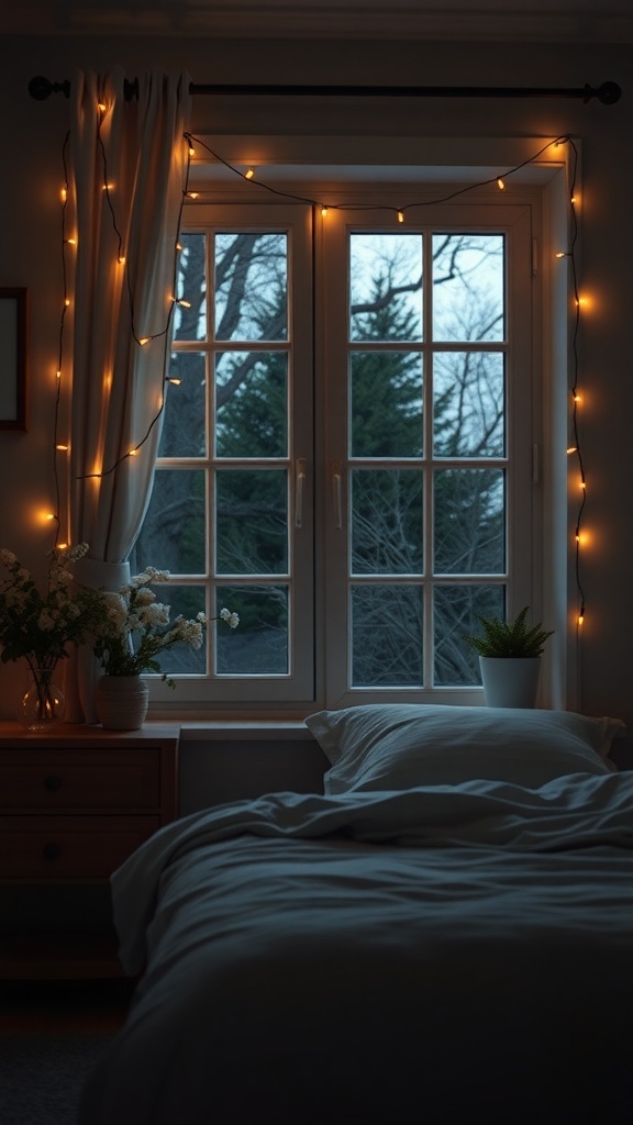 A dark romantic bedroom with fairy lights draped around a window, creating a cozy atmosphere.