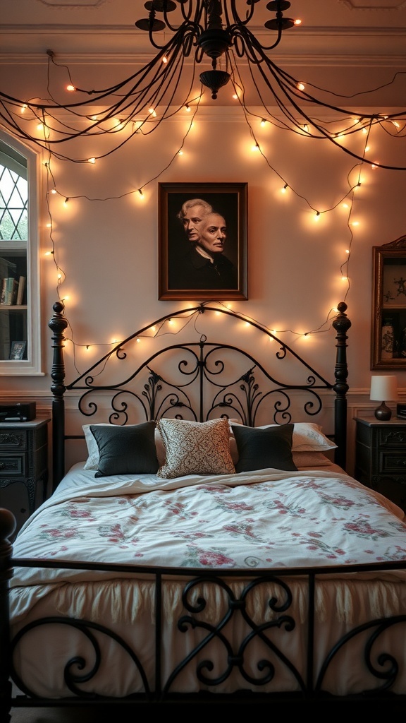 A romantic goth bedroom with fairy lights draped around the walls and an ornate bed.