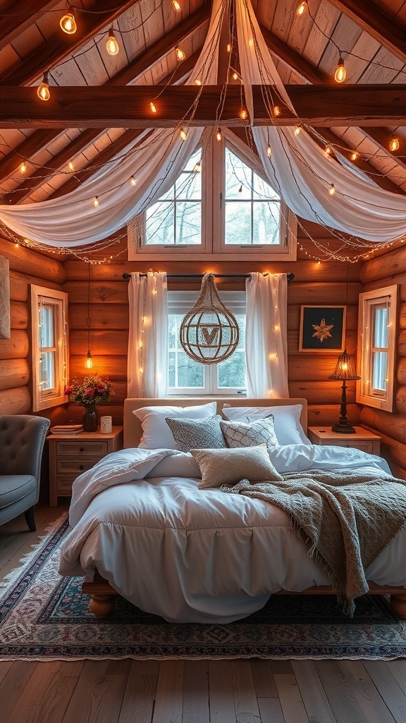 Cozy cabin bedroom with fairy lights and warm decor