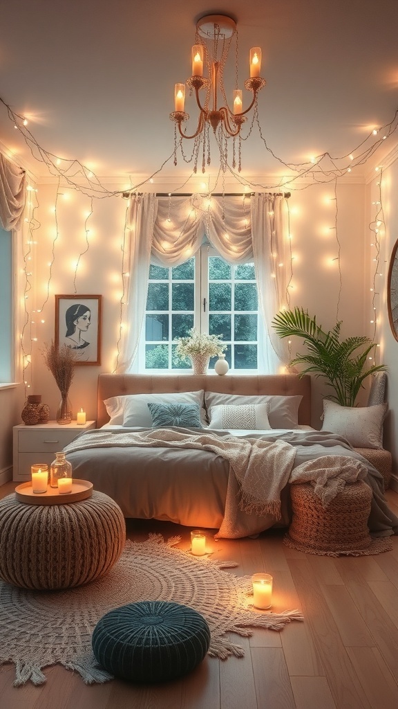 A cozy boho bedroom with fairy lights, candles, and soft furnishings.