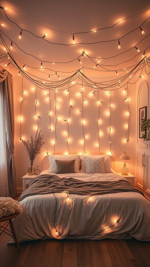 A cozy bedroom with fairy lights draped on the walls, creating a warm and inviting atmosphere.