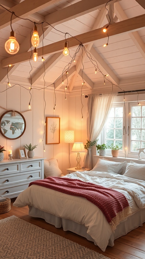 A cozy cottage bedroom with fairy lights hanging from the ceiling, creating a warm and inviting atmosphere.